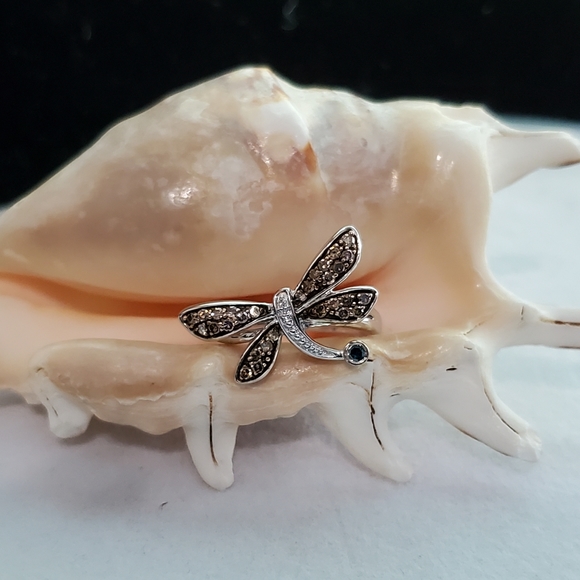 Diamond and Blue Topaz Sterling Silver Dragonfly Ring Size 7 - Picture 5 of 15